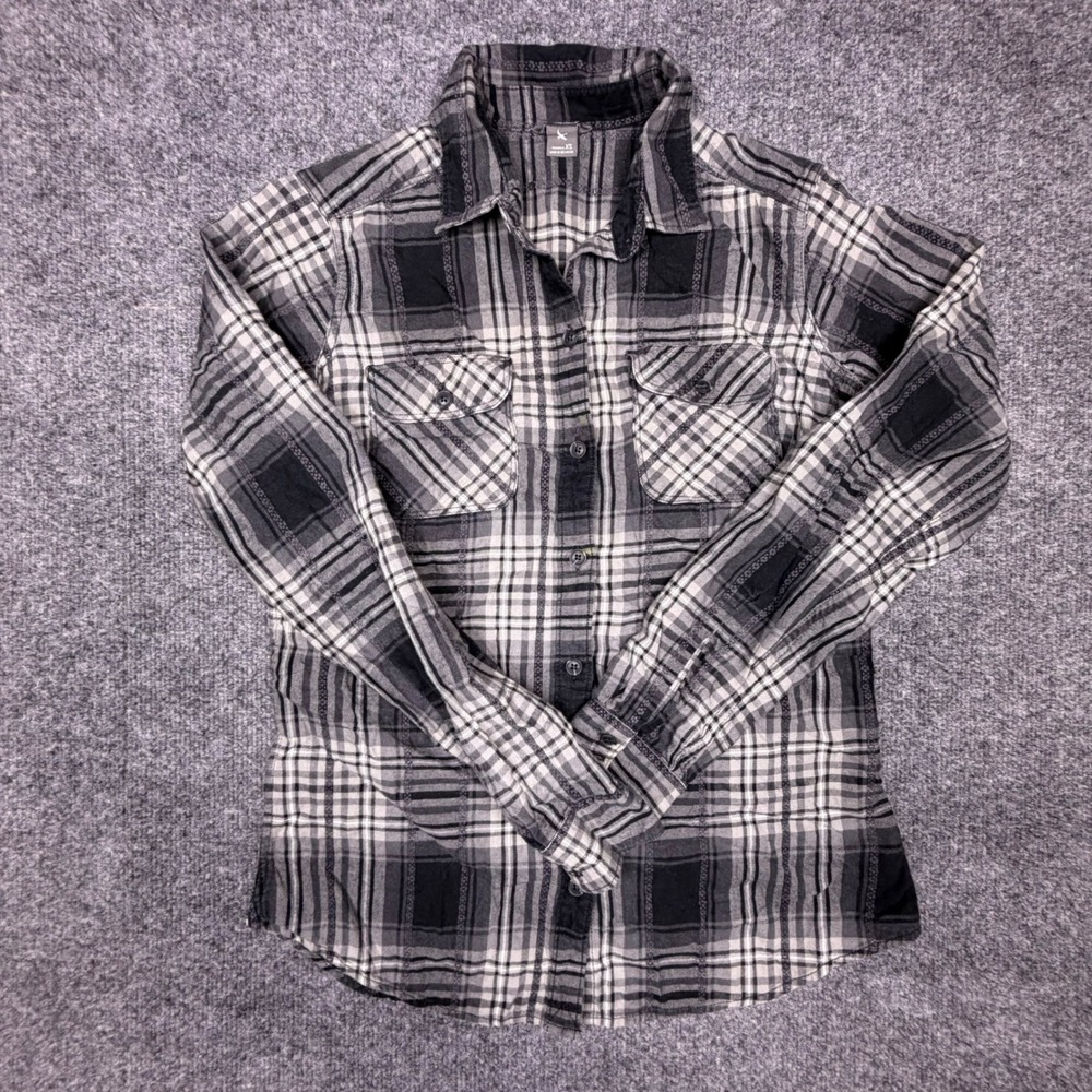 Eddie Bauer Women's XS Black White Plaid Flannel Shirt 100% Cotton Button Up